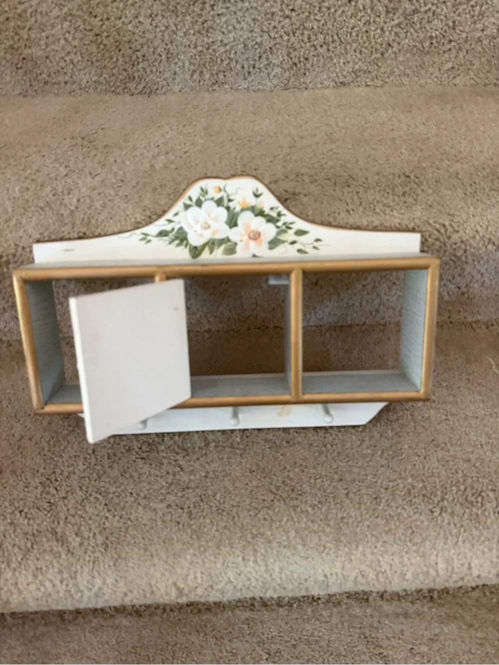 Hand-Painted Cream Floral Wall Shelf with Hooks Shabby Chic design.